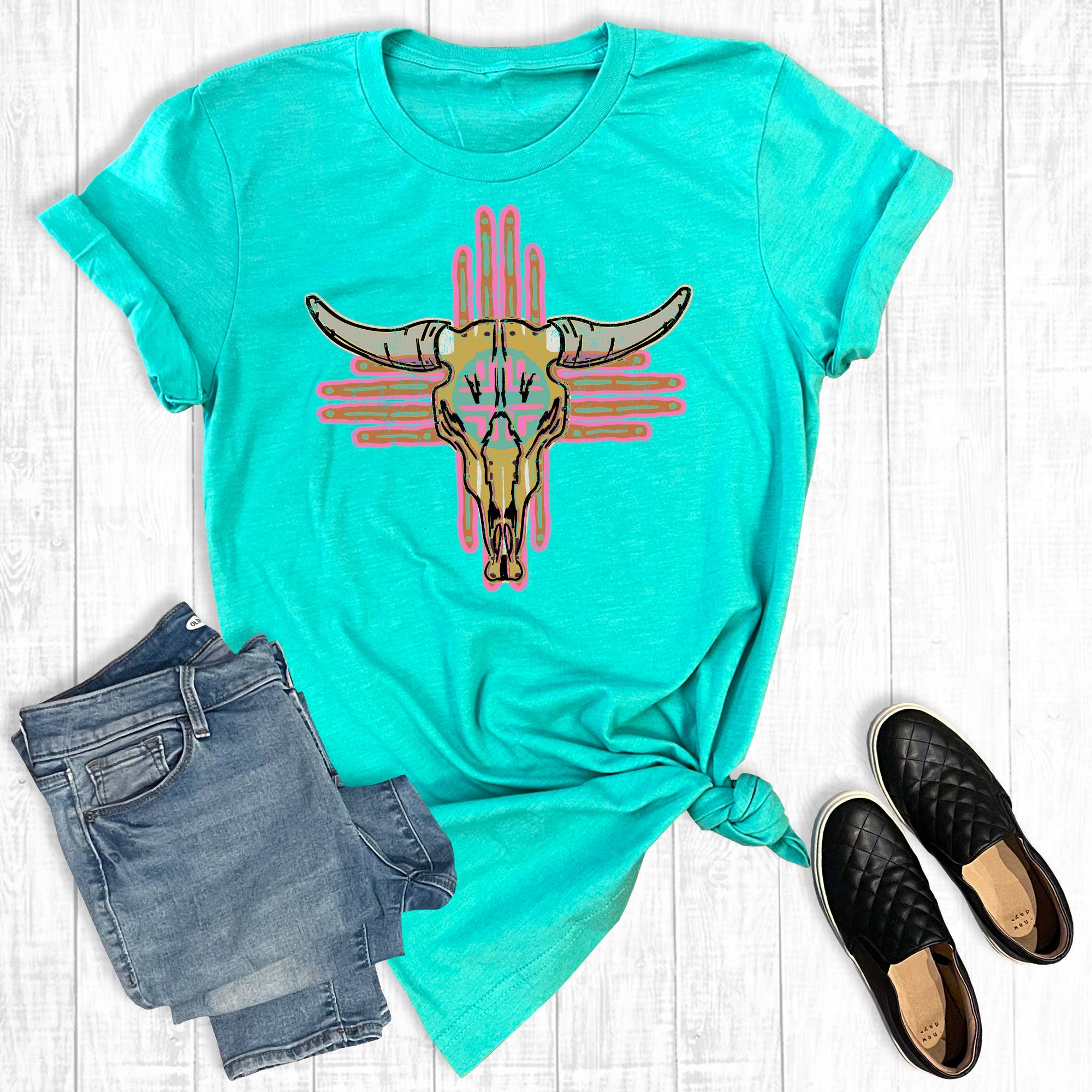 Western Colorful Cow Skull Graphic Tee