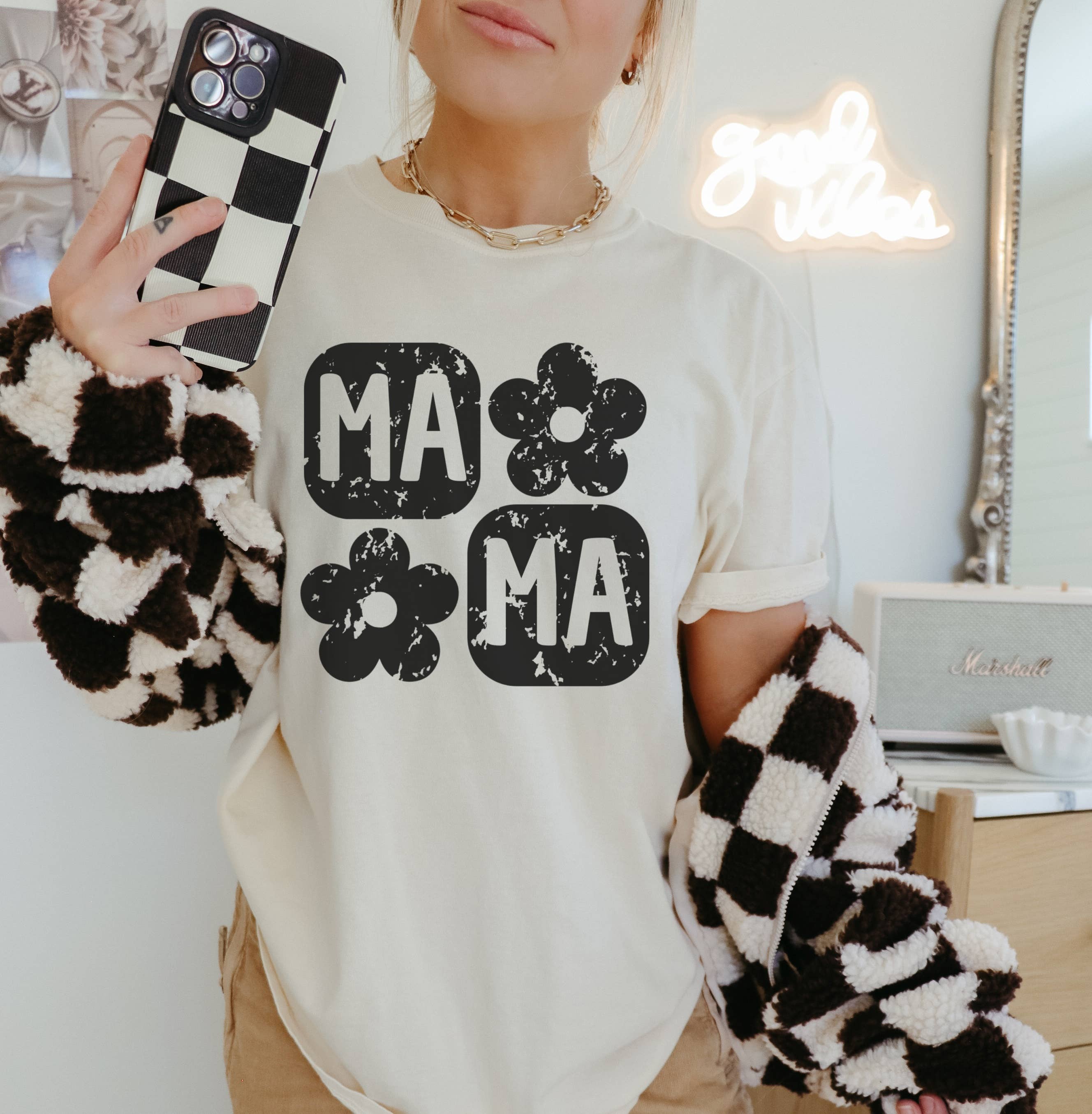 Retro Floral Mama Checker Comfort Color Trendy Mama Tees