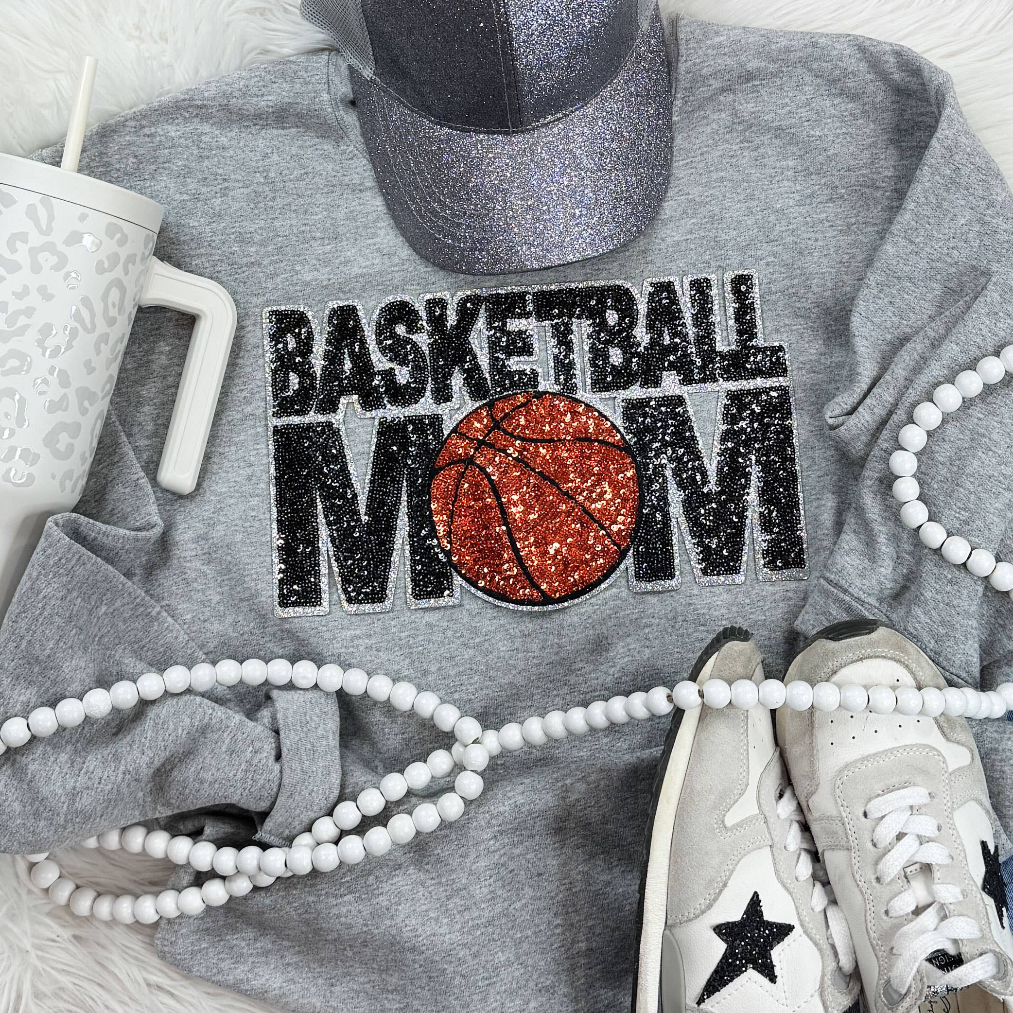 Basketball Mom Sequin Patch Sport Grey Sweatshirt