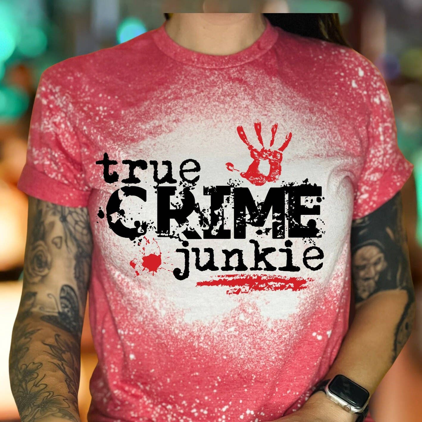 True Crime Junkie Bleached Tee - Blood Splatter & Murder