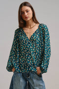 Floral Print Drawstring Neck Billowy Blouse