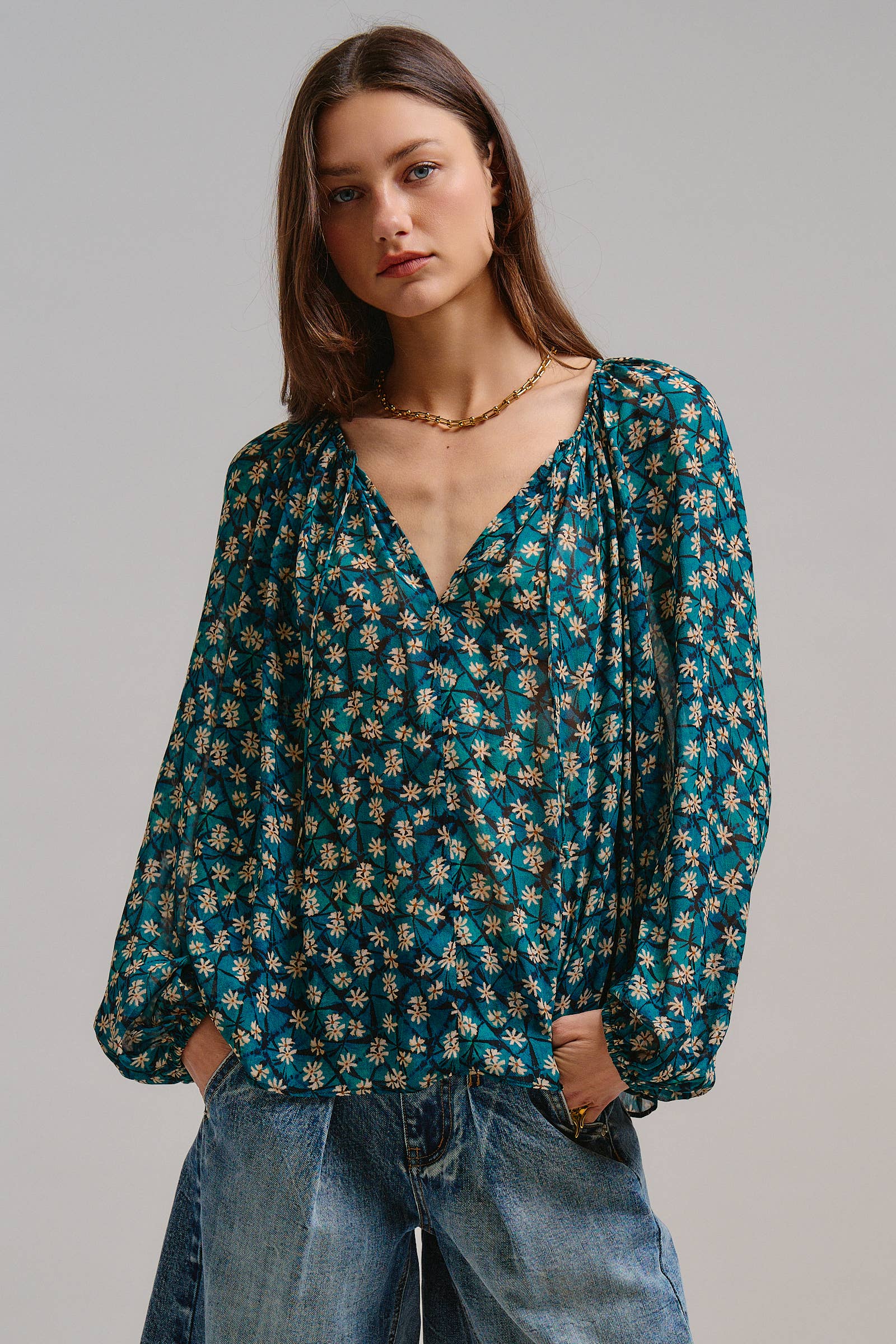 Floral Print Drawstring Neck Billowy Blouse