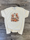 Vintage Fall Floral Ghost with Pumpkin On Cream Tee