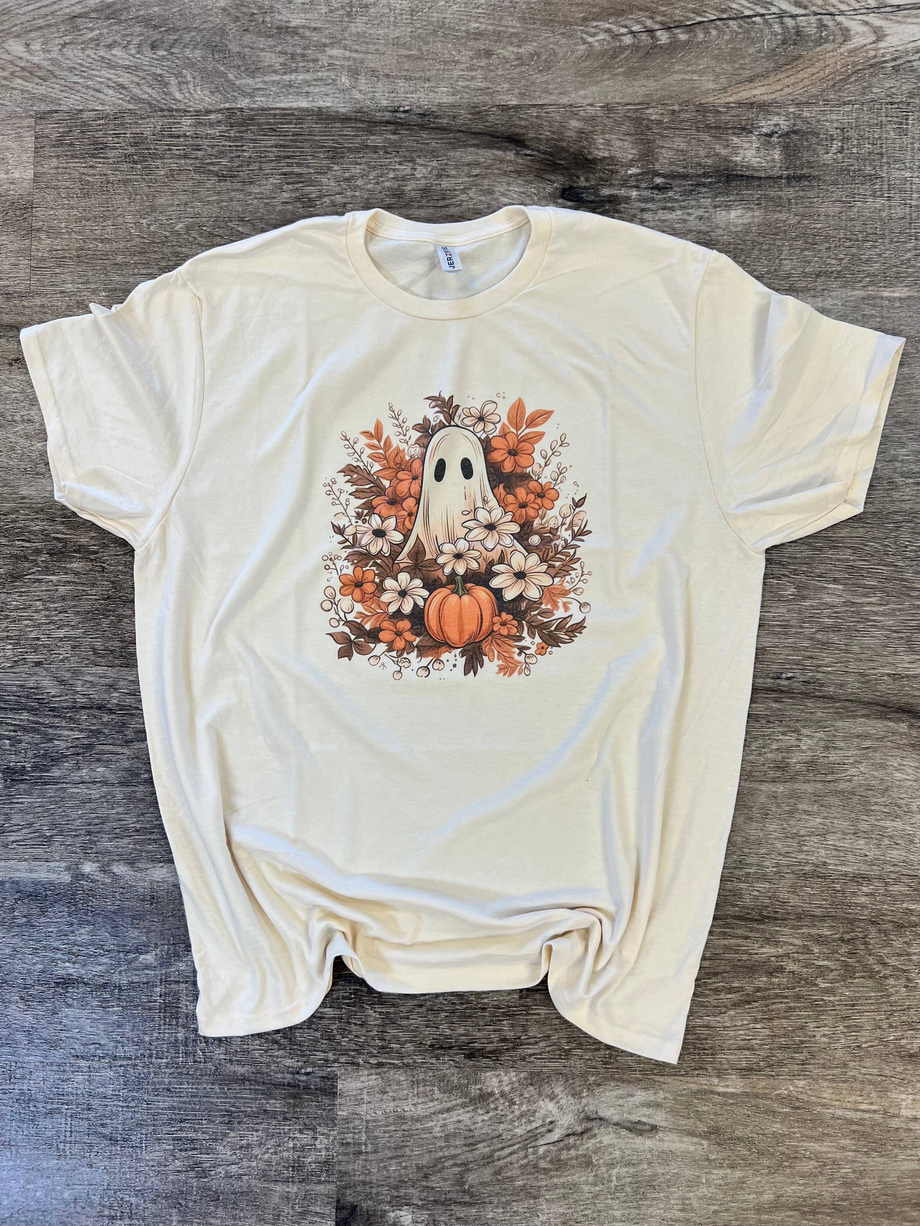 Vintage Fall Floral Ghost with Pumpkin On Cream Tee