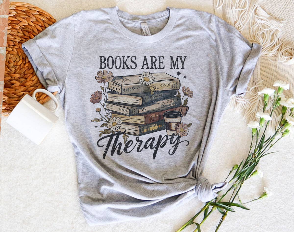 Books Are My Therapy Flowers - Cute Book Canvas Gray T-Shirt