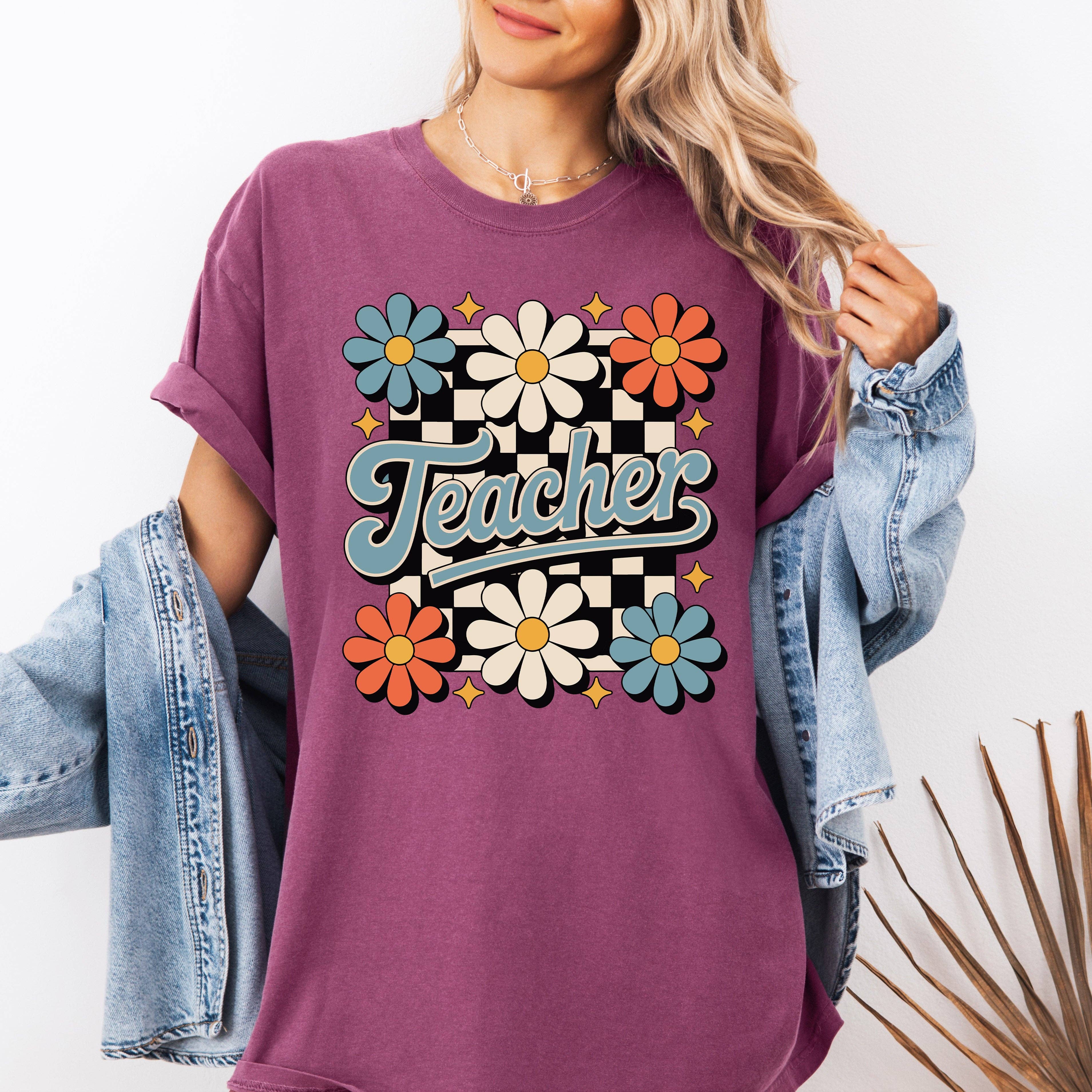 Teacher Floral, Checkered First Day of School, Cute T-Shirt