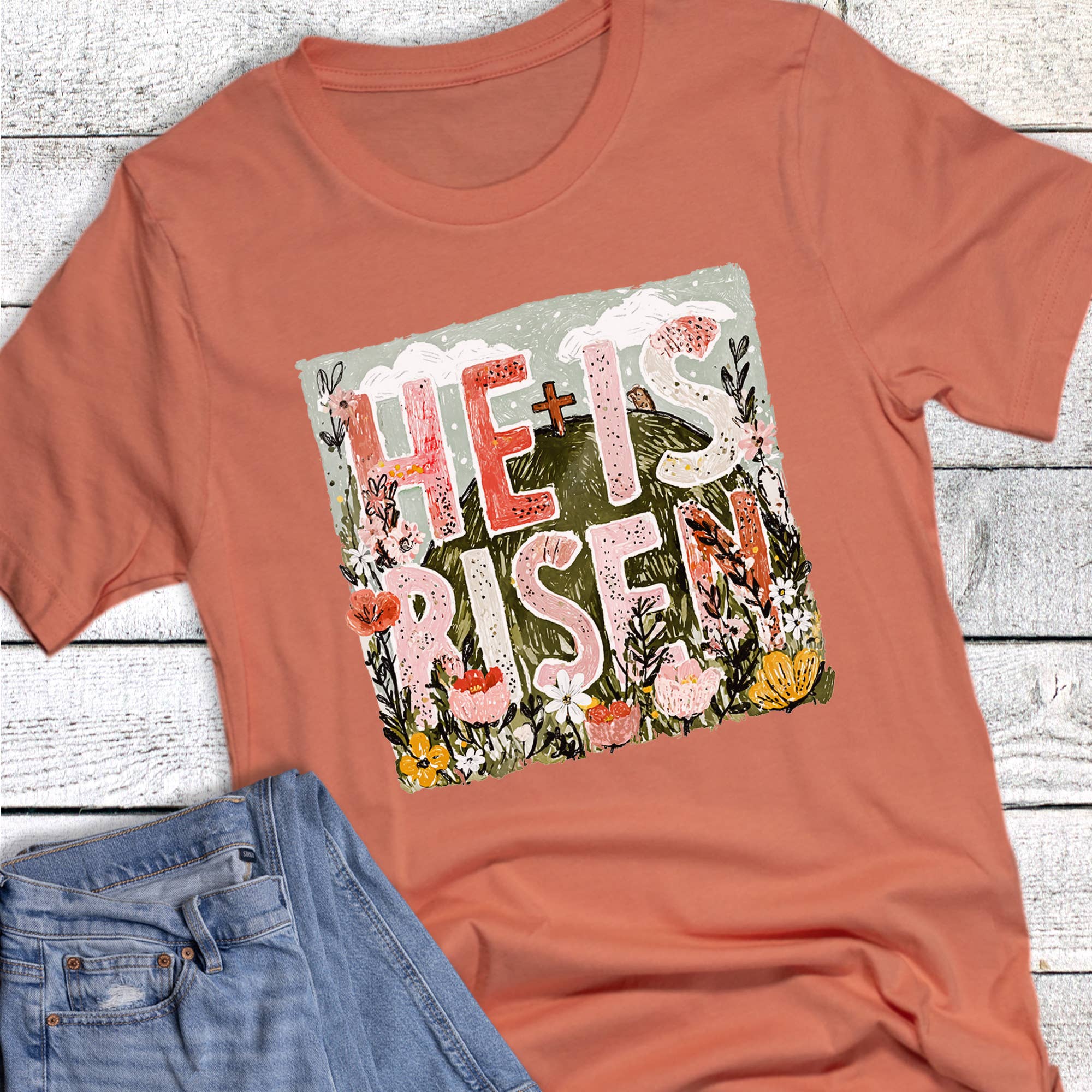 Easter Faith He Is Risen Floral Hill Graphic Tee