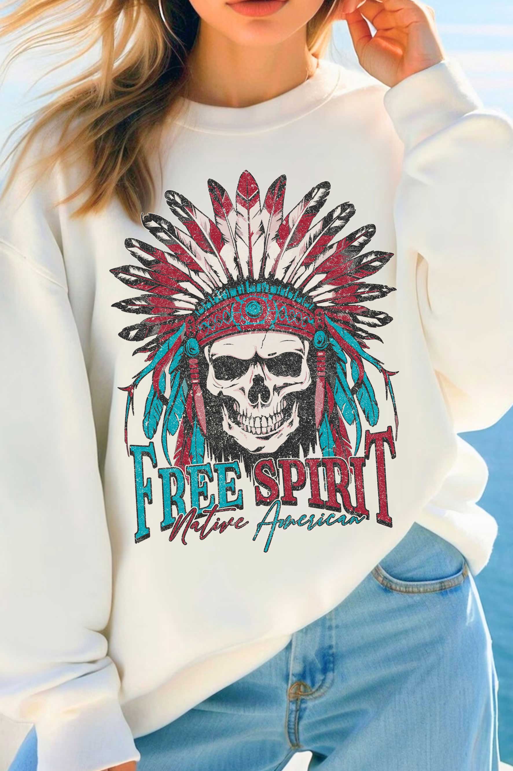 Free Spirit Native American Skull Graphic Brushed Sweatshirt