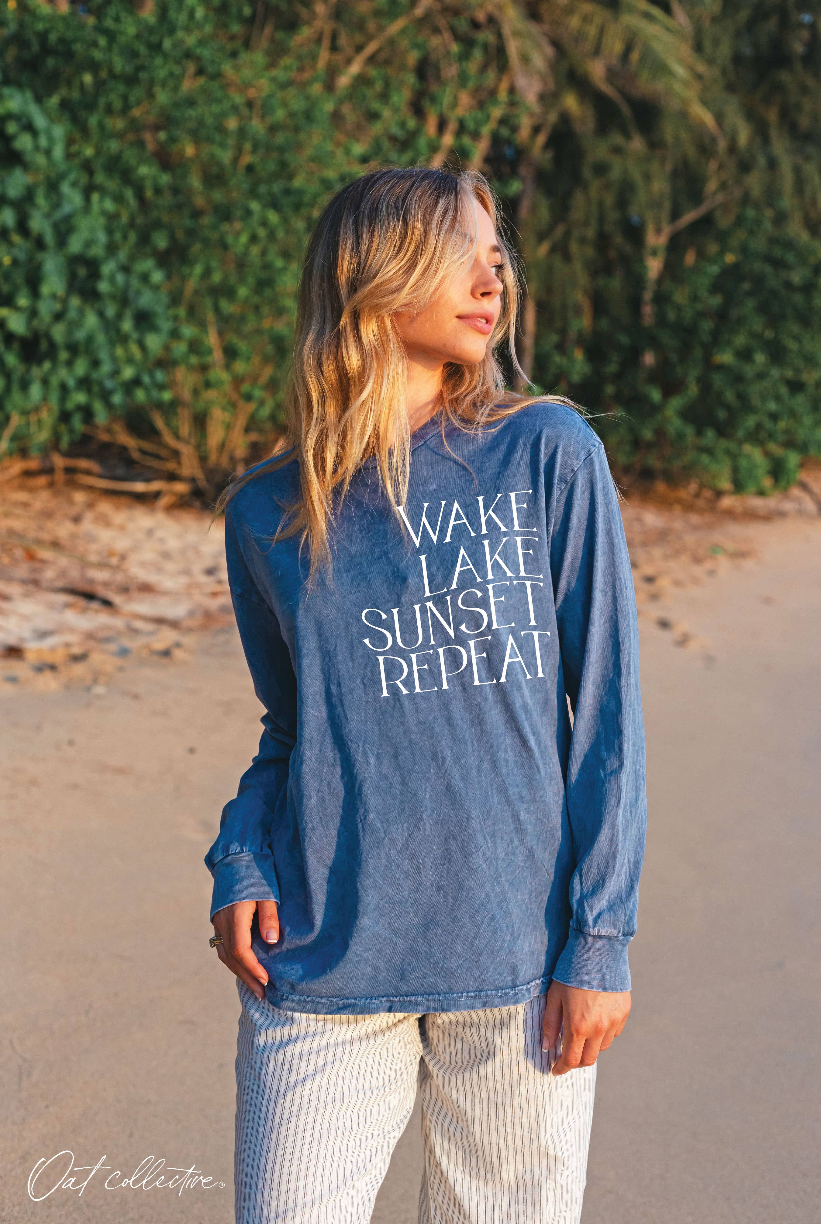 Wake Lake Sunset Repeat  Mineral Washed Long Sleeve Graphic