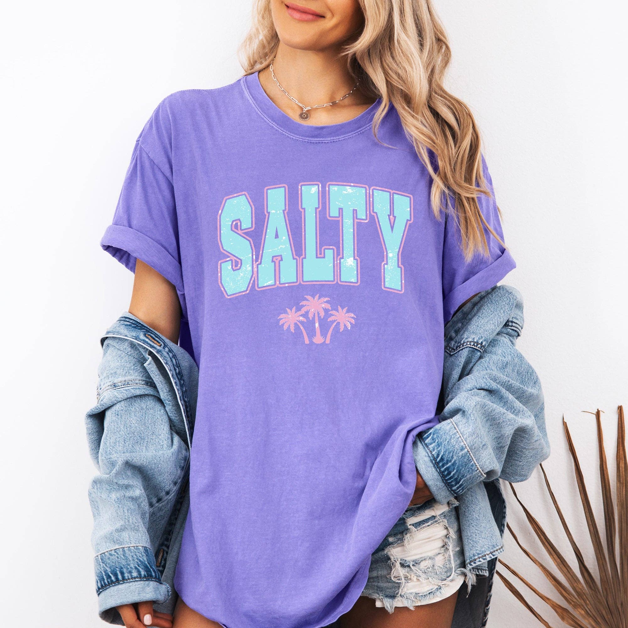 Salty Varsity Palm Trees Summer Beach Comfort Colors T-Shirt