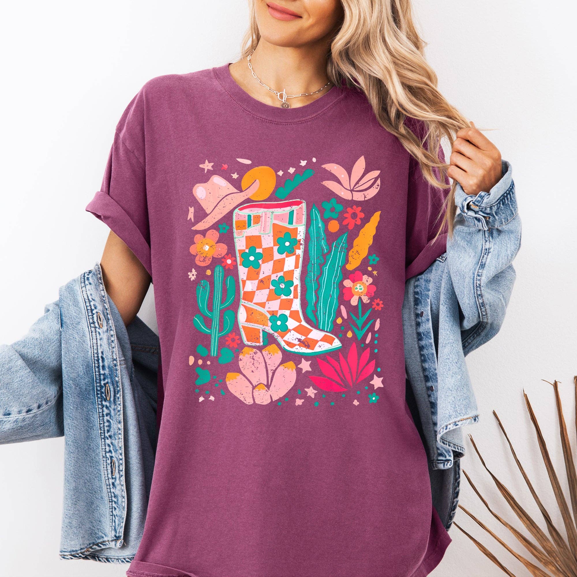 Summer, Retro Cowboy Boot, Cowgirl, Floral Botanical T-Shirt