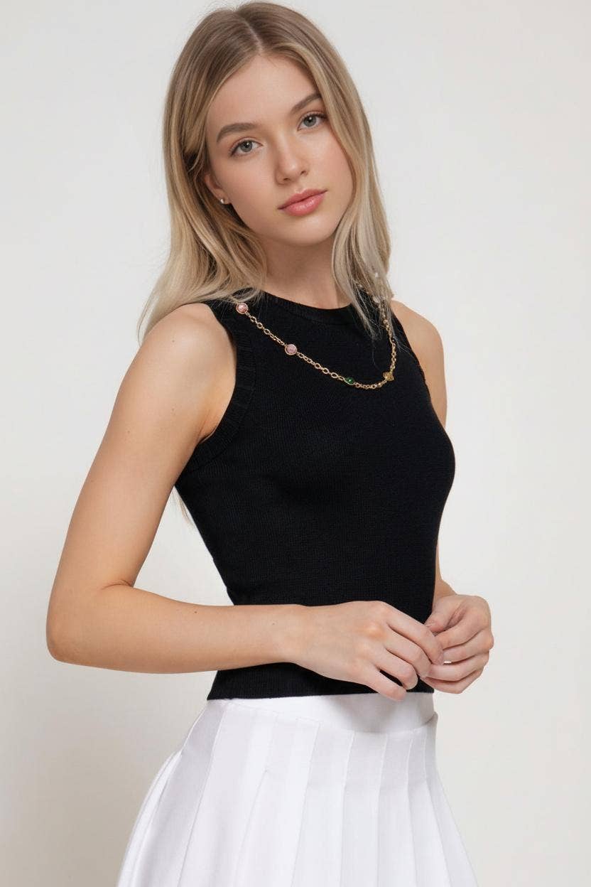 0107 Sleeveless Top w/ Gemstone Necklace SI-29324