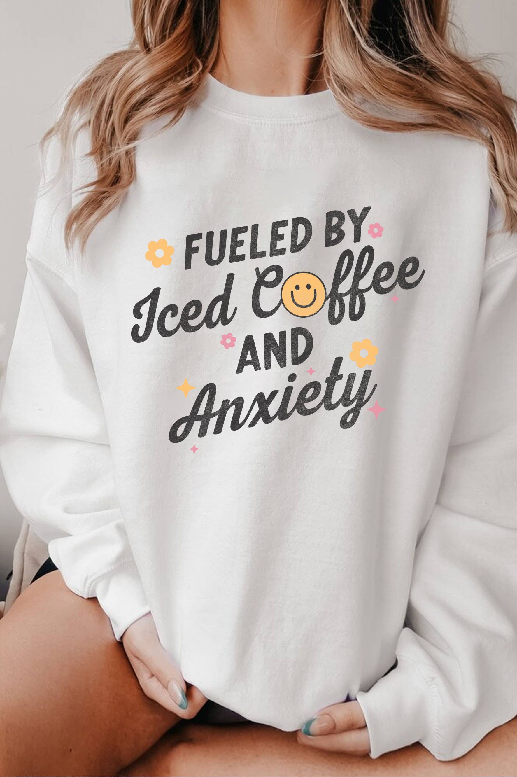 Fueled By Iced Coffee Smile Graphic Brushed Sweatshirts