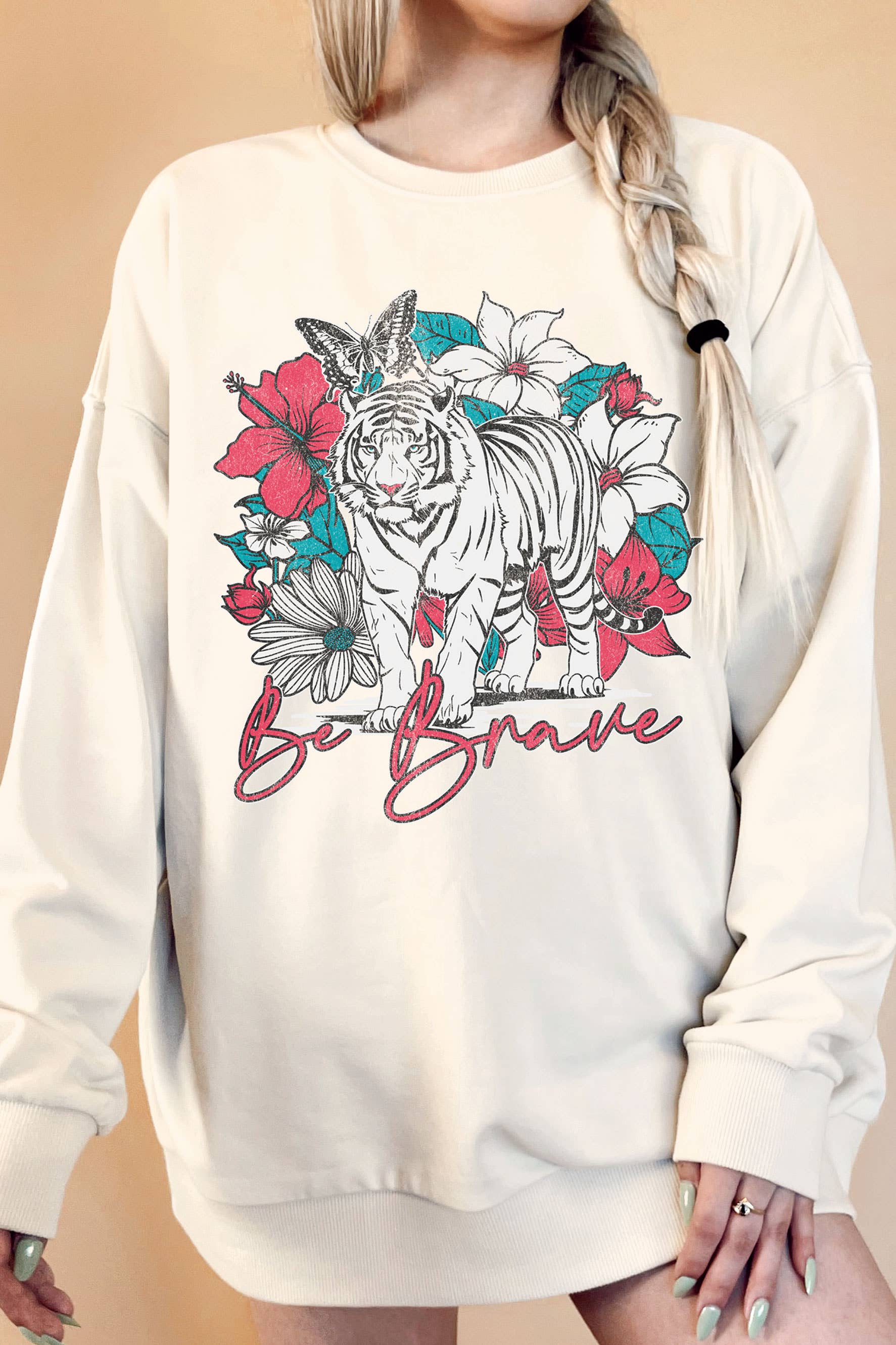 Be Brave Floral Tiger Oversize Graphic Terry Sweatshirts