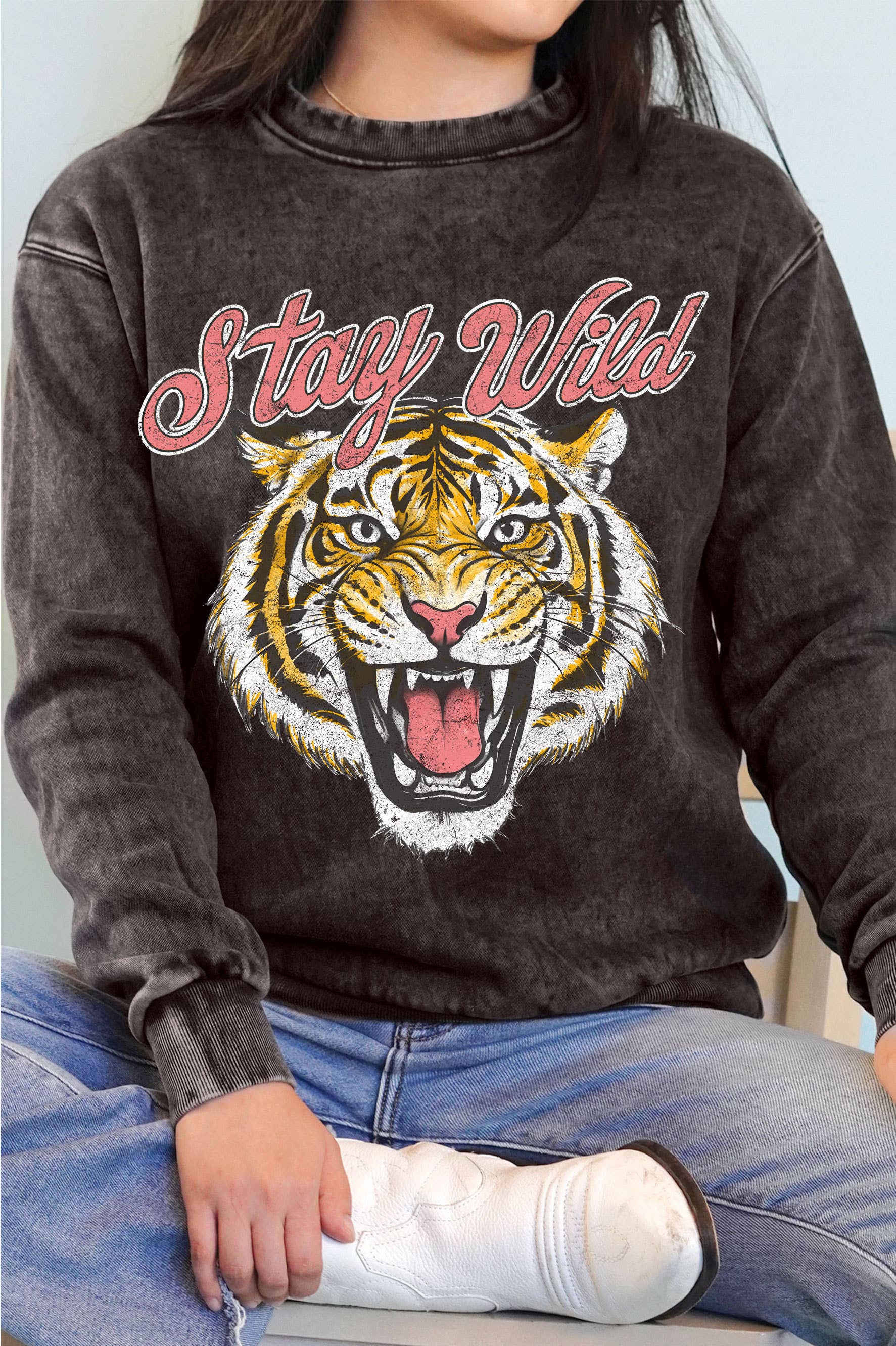 Stay Wild Tiger Graphic Mineral Brushed Sweatshirt