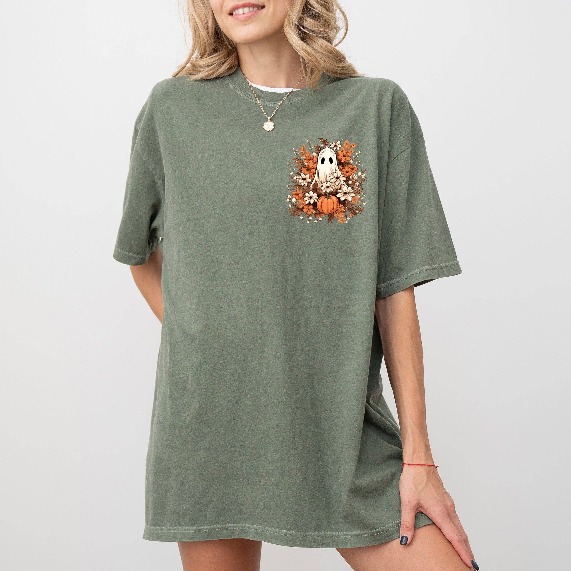 Floral Ghost, Pocket, Skeleton, Spooky, Halloween T-Shirt