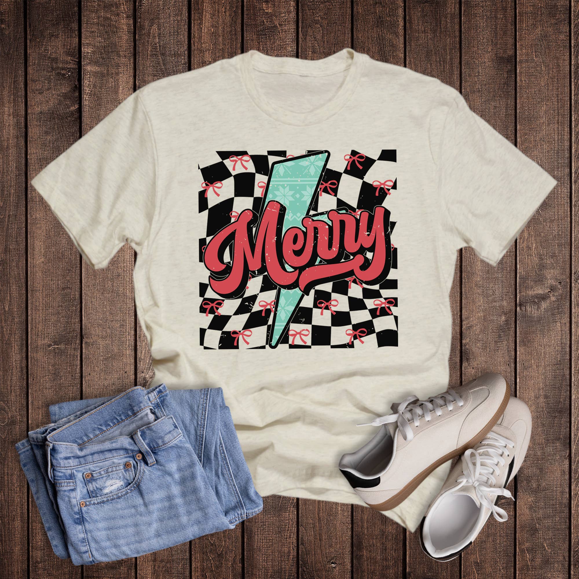 Christmas Bow Check Lightning Merry Graphic Tee