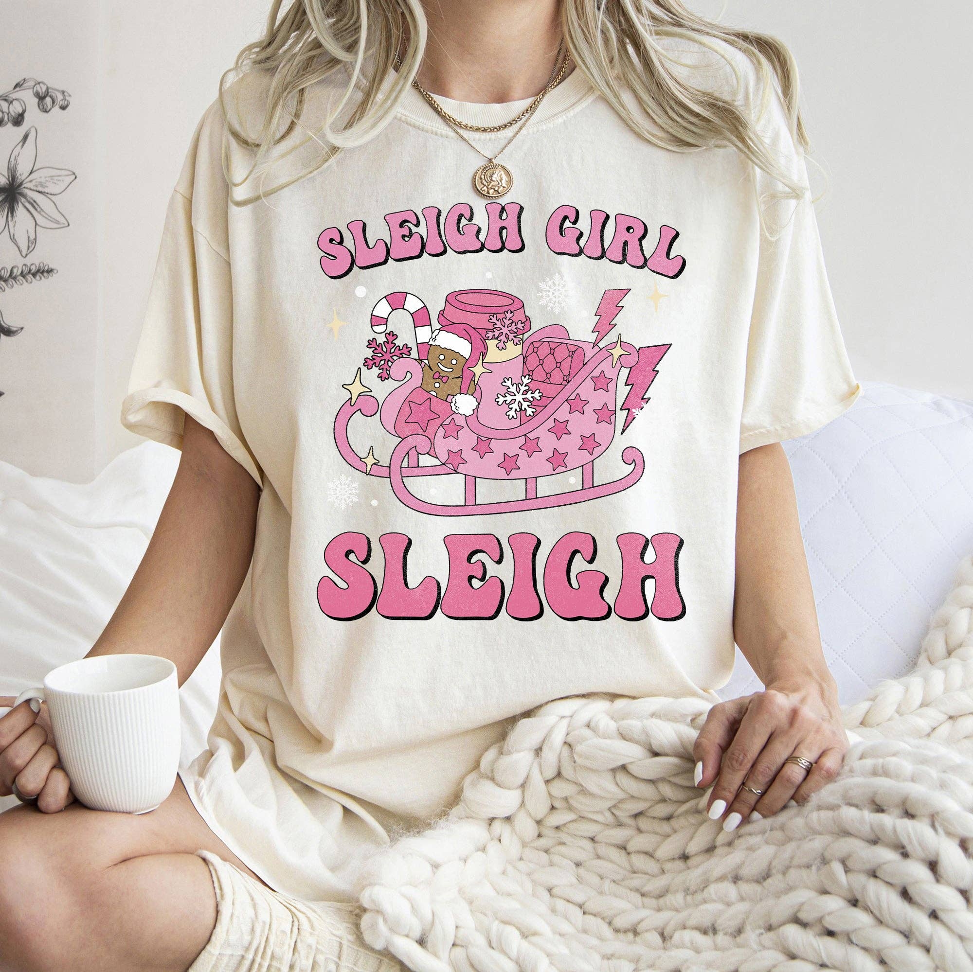 Sleigh Girl Sleigh, Christmas, Retro, Pink, Tshirt