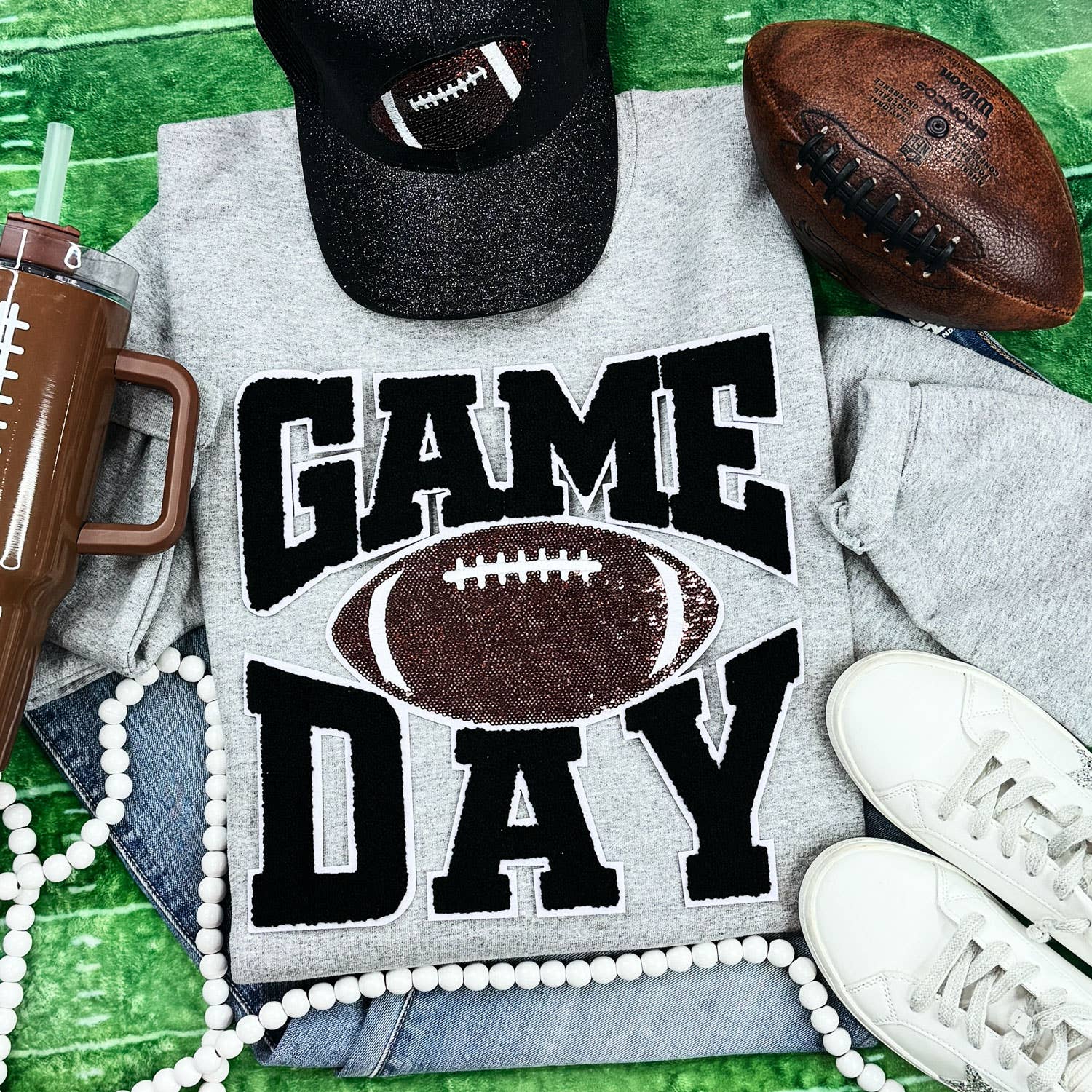 Black Chenille Game Day with Sequin Football Patch Sport Grey Crewneck Sweatshirt