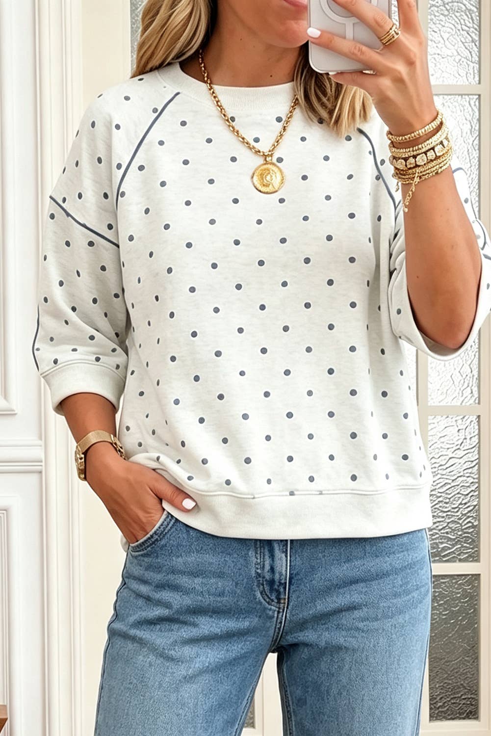 Polka Dot Print Piping Trim 3/4 Sleeve Relaxed Top (S-Xl)