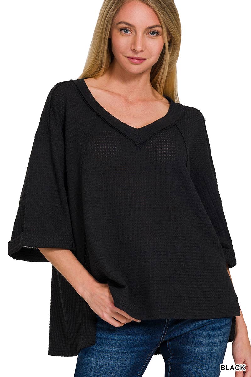 ...Brushed Waffle Exposed Seam 3/4 Sleeve Top