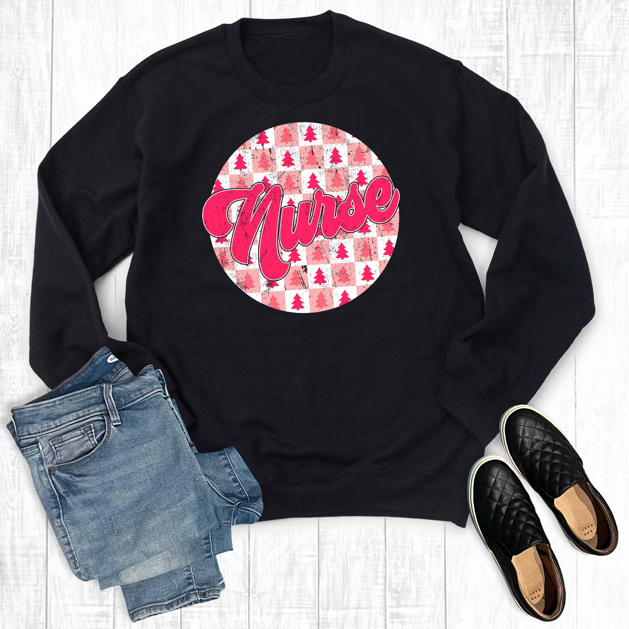 Retro Pink Christmas Nurse Graphic Sweatshirt