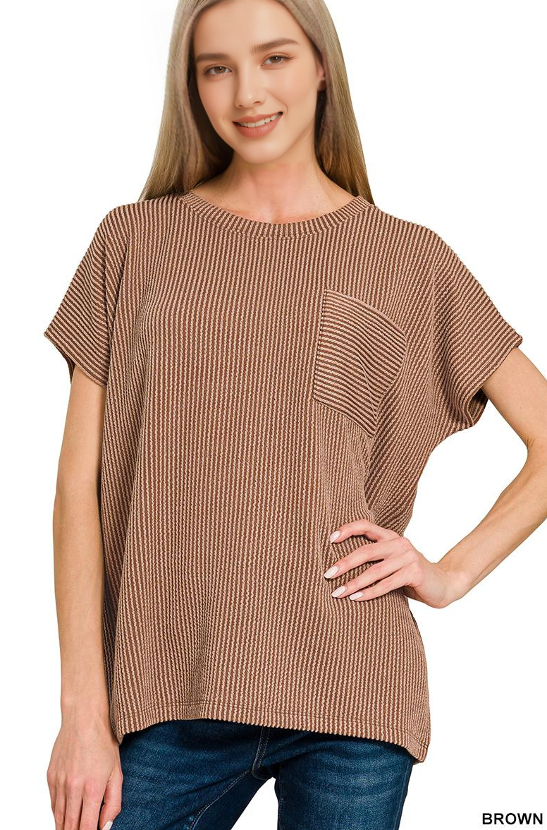 .Raised Rib Front Pocket Boxy Top