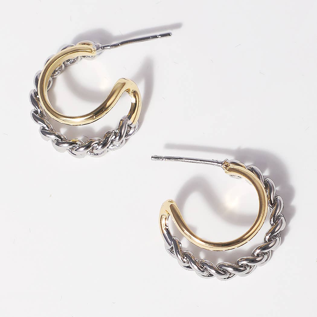 Two-Tone Double Line Hoop 14k Plated Post Earrings
