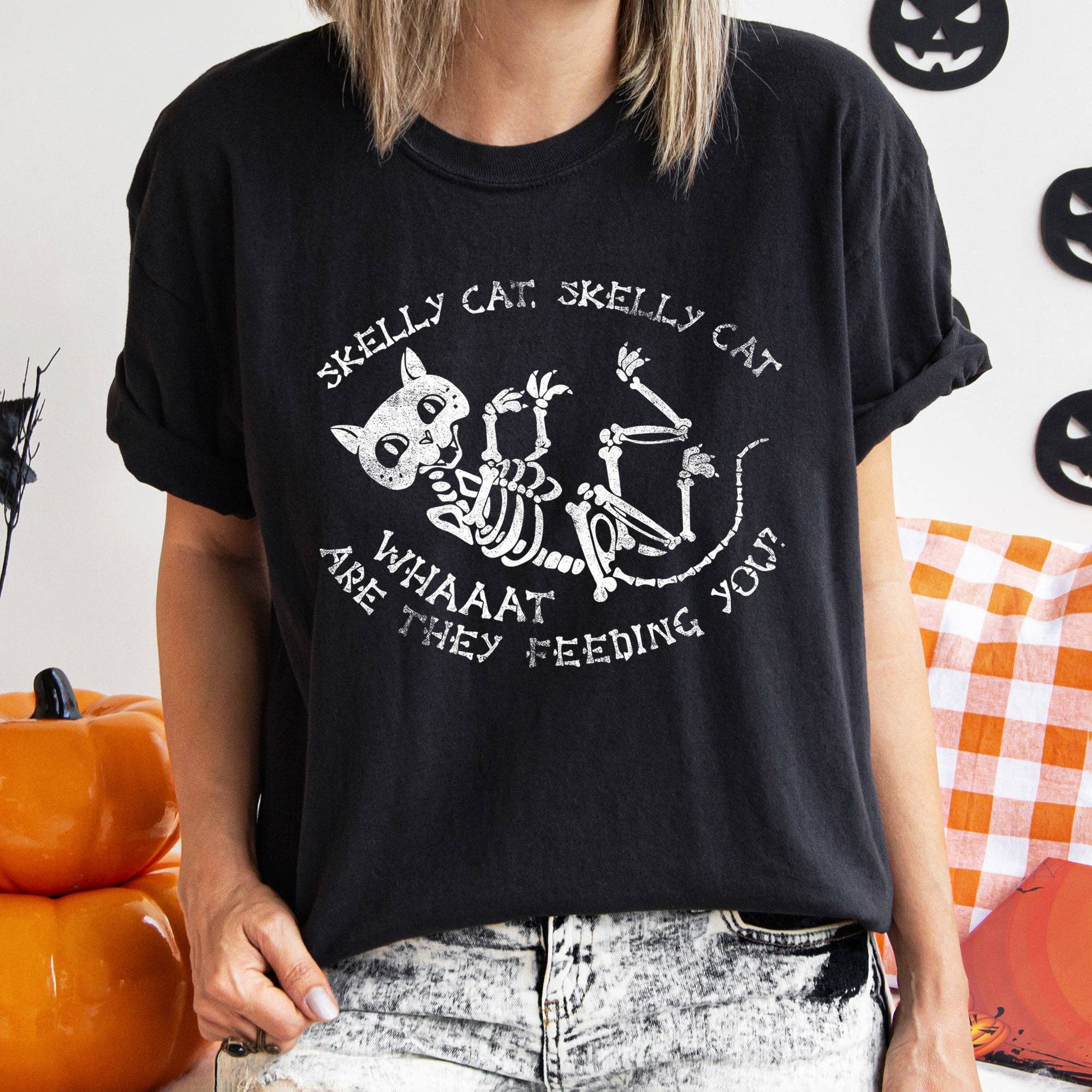 Skelly Cat Retro Halloween T-Shirt White Print