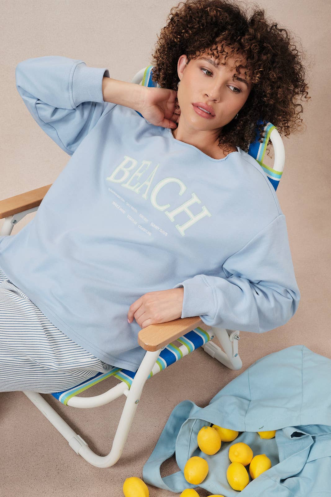 Slouchy Neck "Beach" Graphic Embroidery Sweatshirt