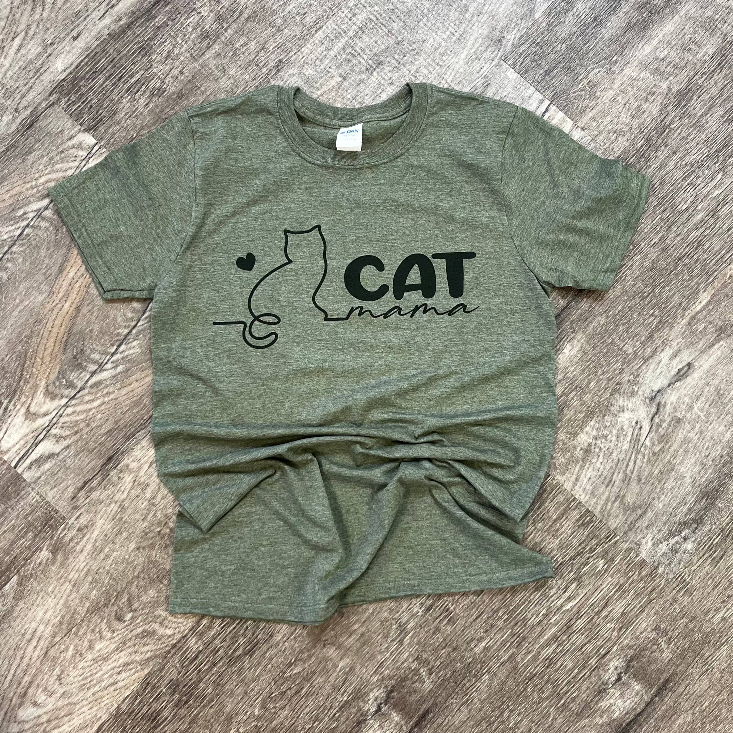 Cat Mama On Heather Military Green Tee