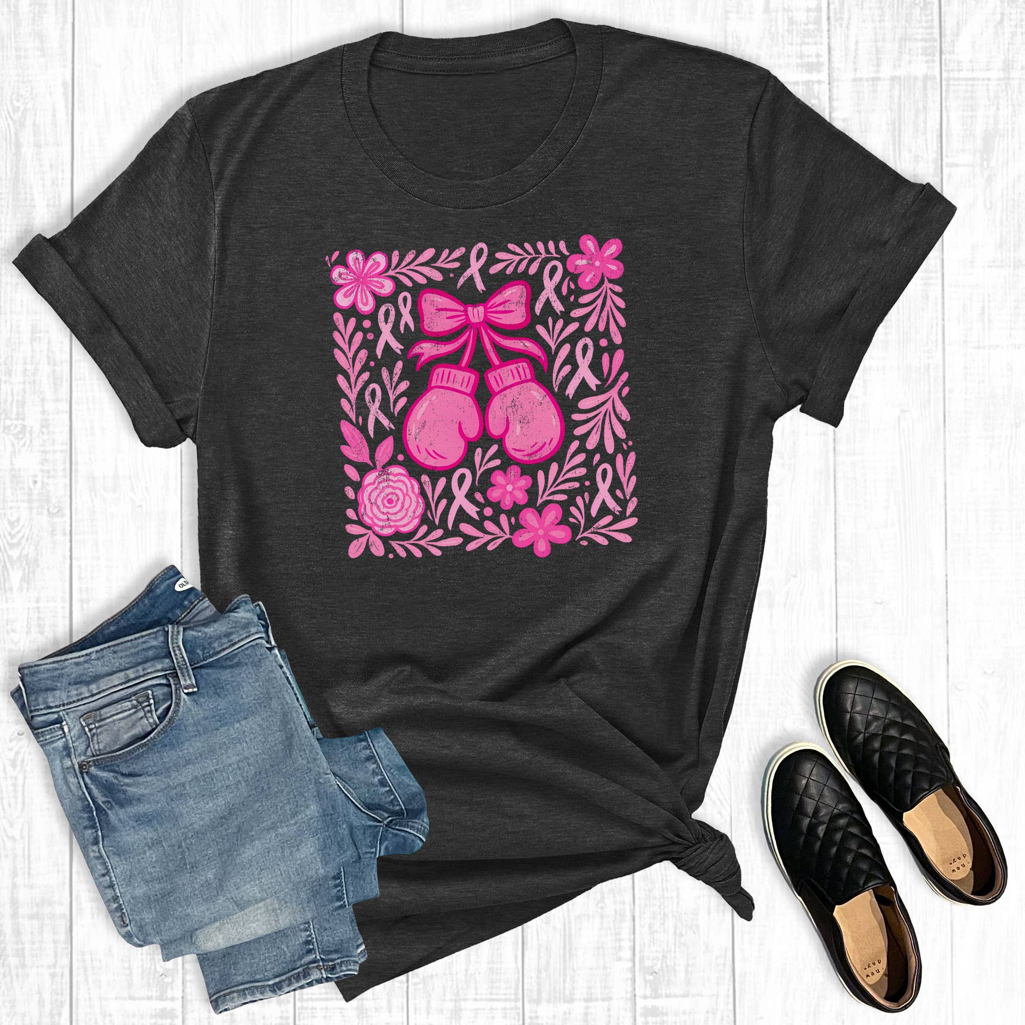 Boho Floral Fight Cancer Boxing Gloves Graphic Tee