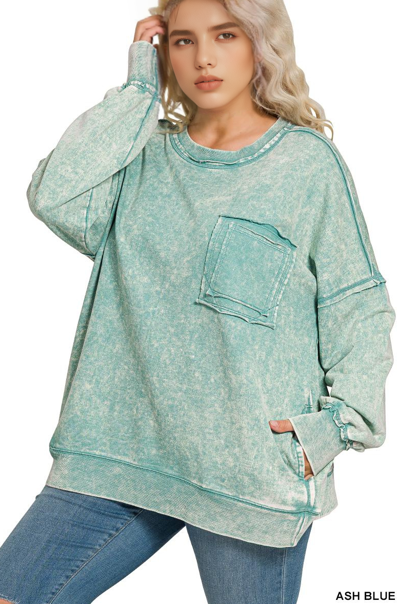', Plus French Terry Acid Wash Raw Edge Front Pocket
