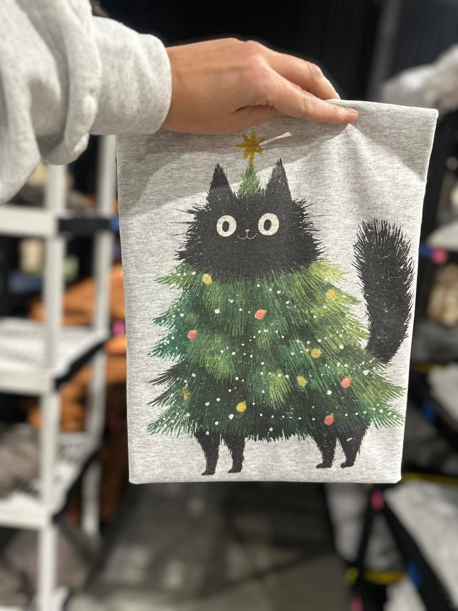 Black Cat Christmas Tree On Ash Gray Tee