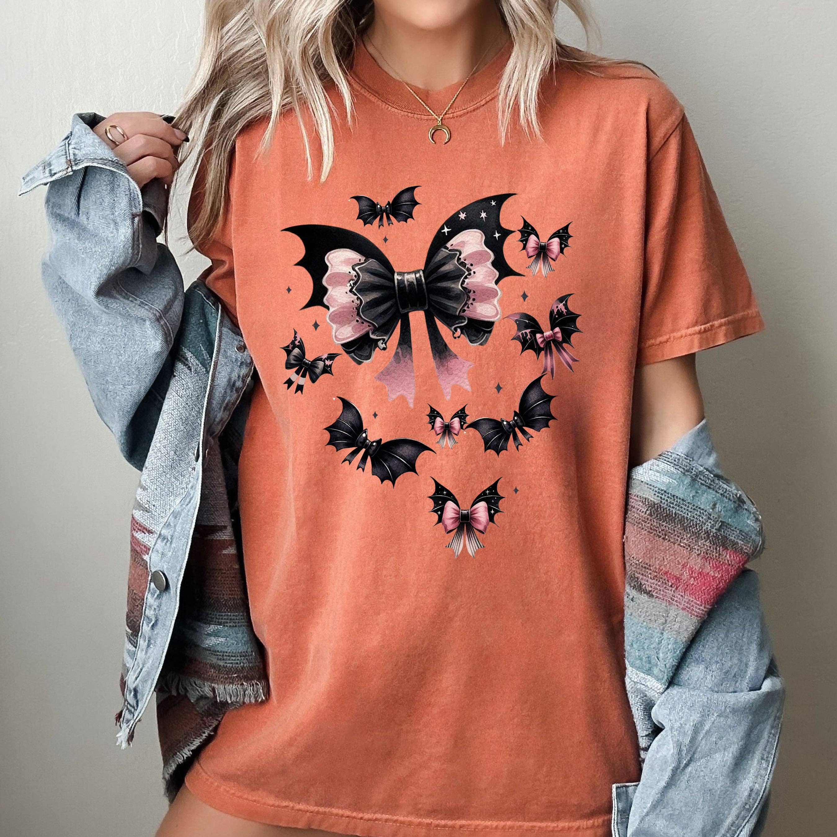 Flying Bats, Bow, Ribbon, Ghost, Western, Halloween Tshirt