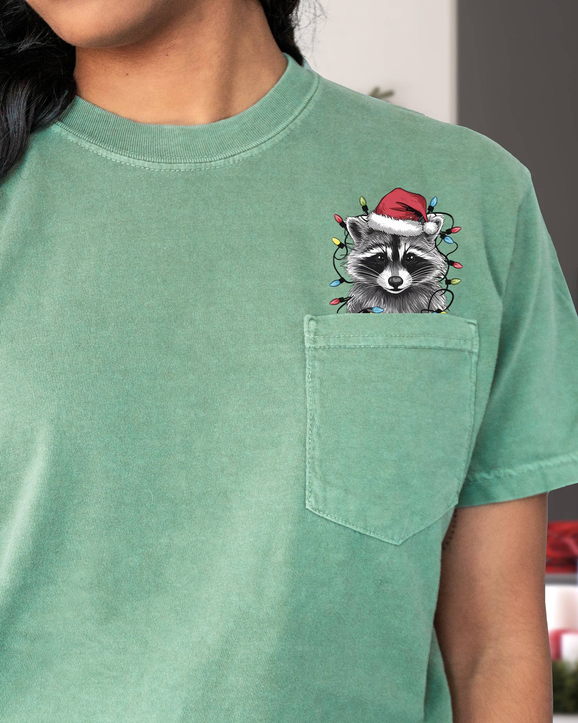 Adorable Christmas Raccoon, Trash Panda, Santa Pocket Tee