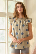IT1524 Ruffle Neck and Shoulder Polka Dot Print Blouse Top