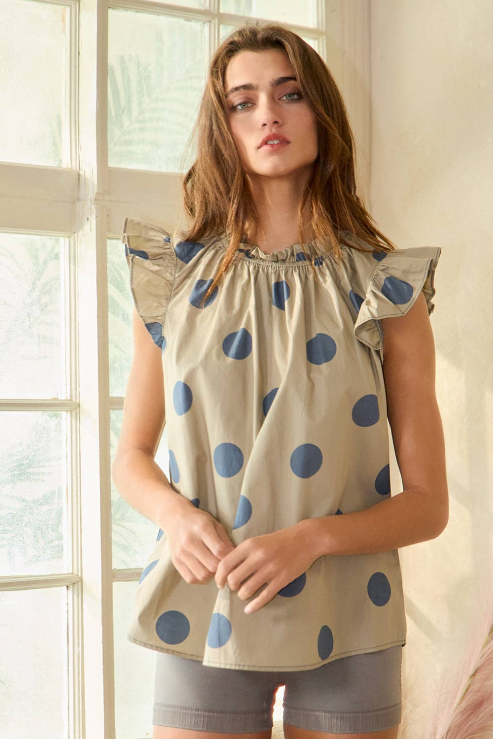 IT1524 Ruffle Neck and Shoulder Polka Dot Print Blouse Top