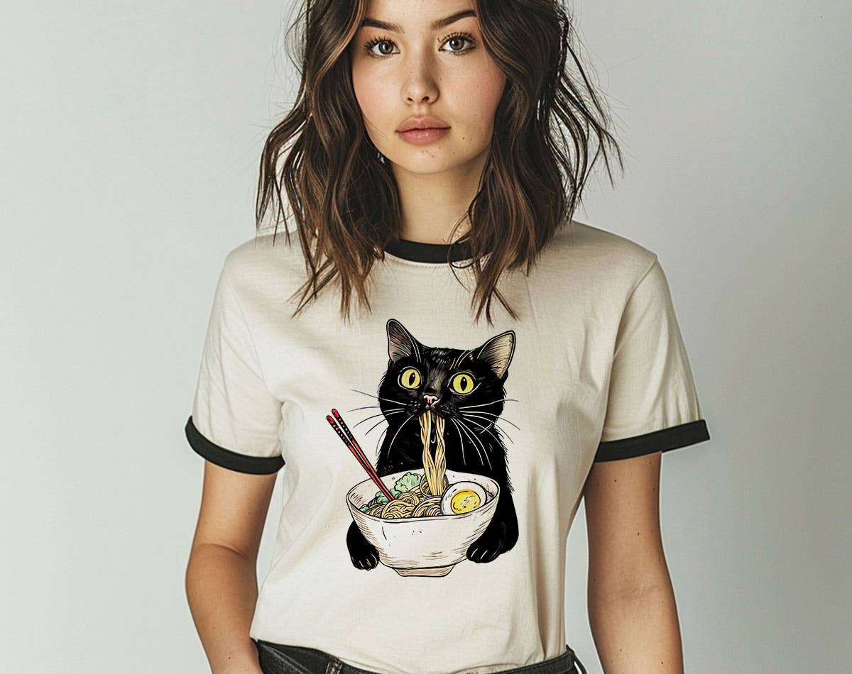 Cat Eating Ramen - Cute Funny Cat Tea Ringer Shirt