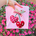 Faux Embroidery Patterned Red Heart Cherries Tee