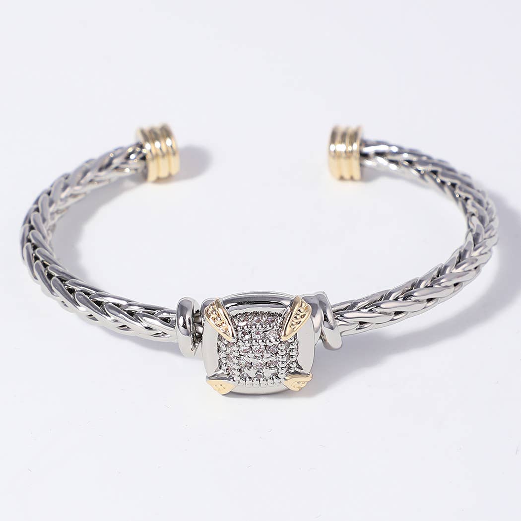 Tow-Tone Square Cz Braided Cuff Bangle Bracelet