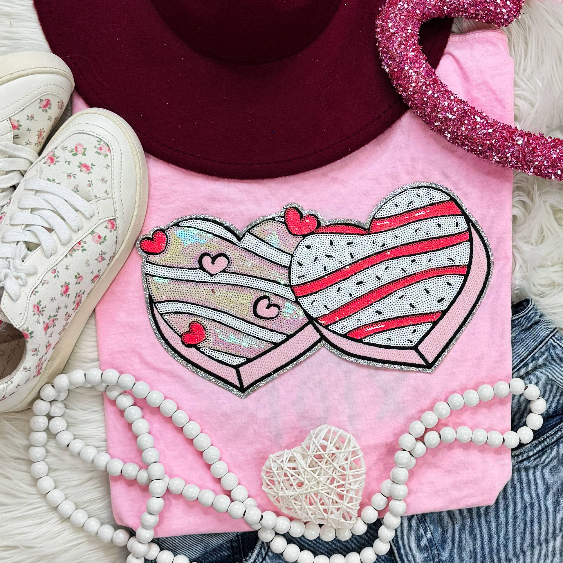 Sequin Double Heart Snack Cakes Patch Blossom Tee
