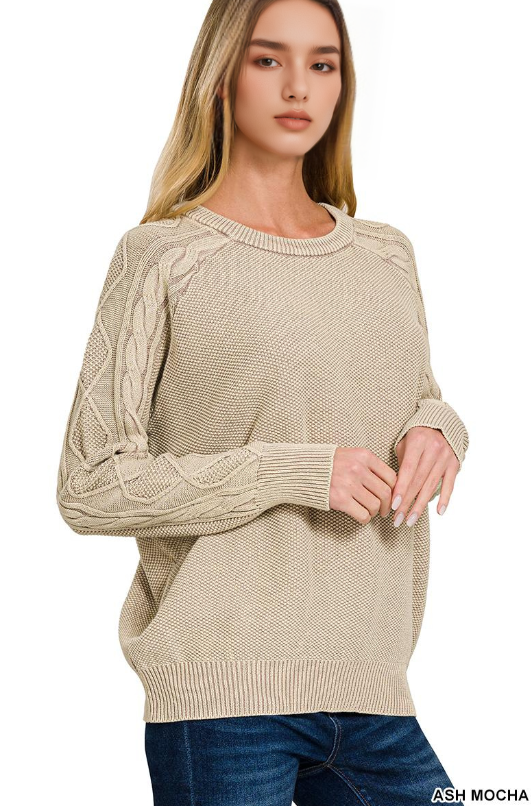 ,..0807 Washed Cable Sleeve Crewneck Sweater SI-26021