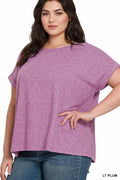 .1219 Plus Soft Melange Folded Sleeve Round Neck Top SI-27472