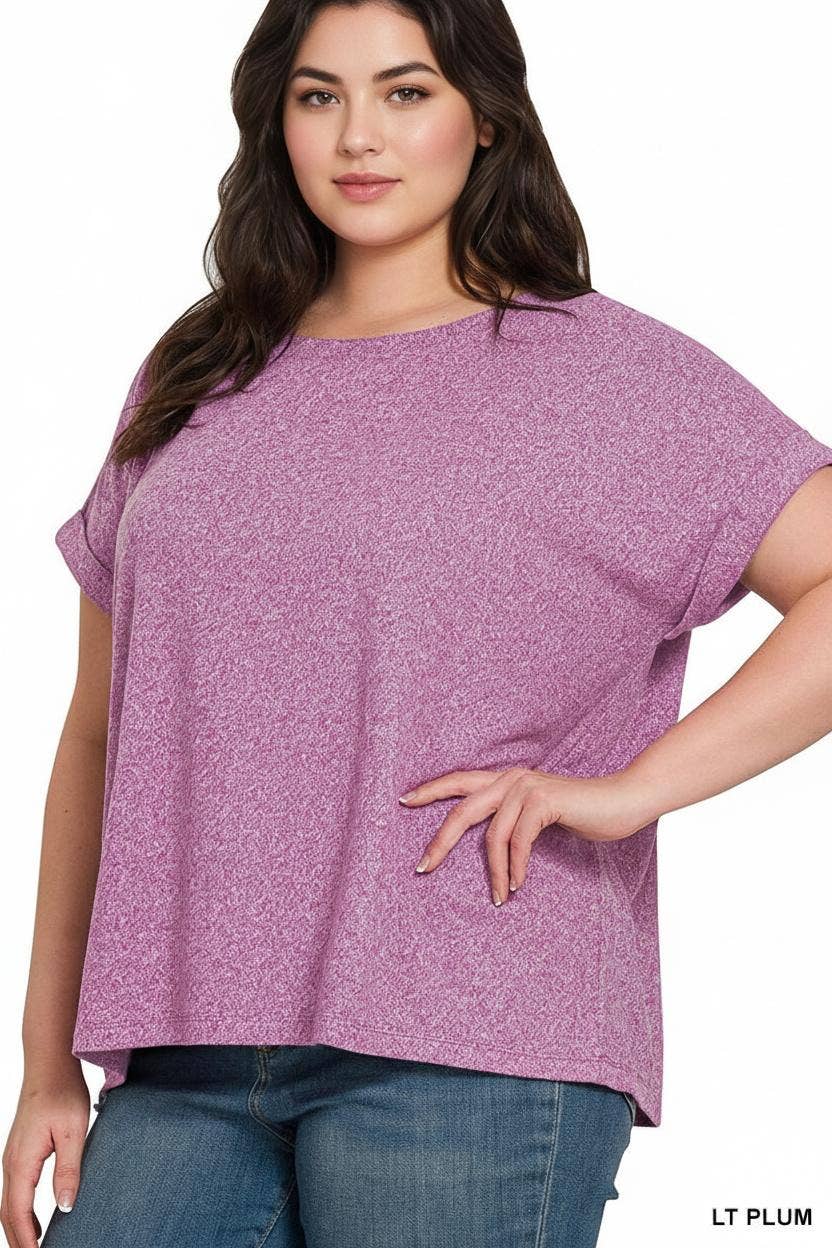 .1219 Plus Soft Melange Folded Sleeve Round Neck Top SI-27472