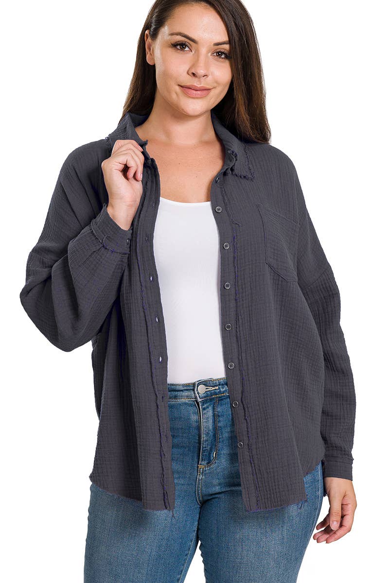 ....SI-23811 Plus Size Oversized Raw Edge Shirt
