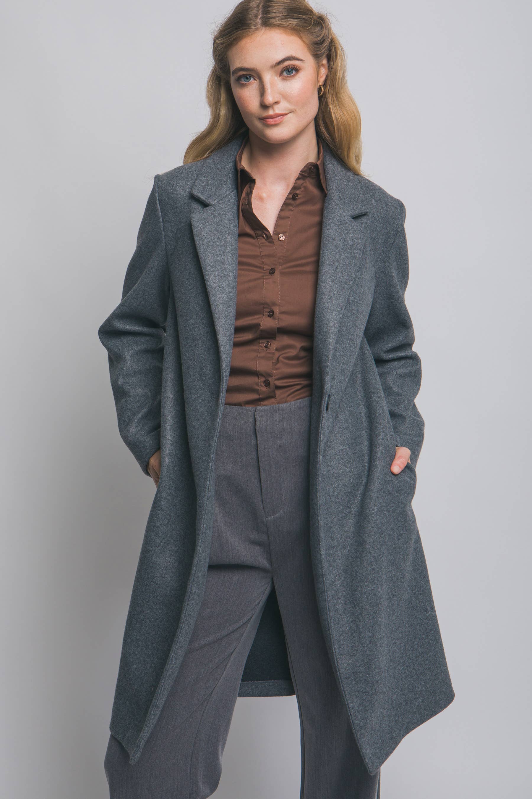 ..1002 Classic Single Breasted Long Coat w/ Pockets SI-28869