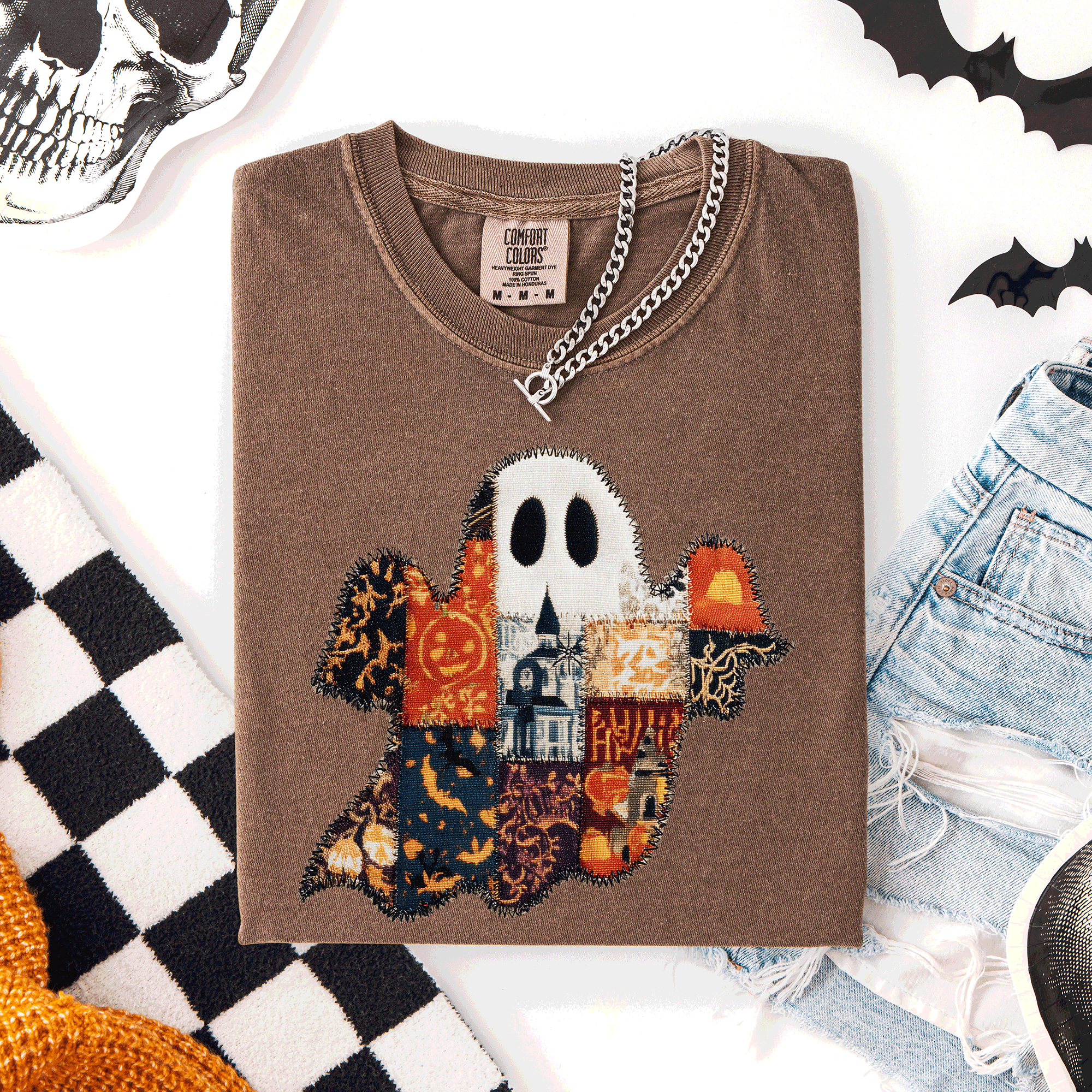 Ghost, Faux Quilt, Halloween, Cute, Trad Fall Autumn T-Shirt