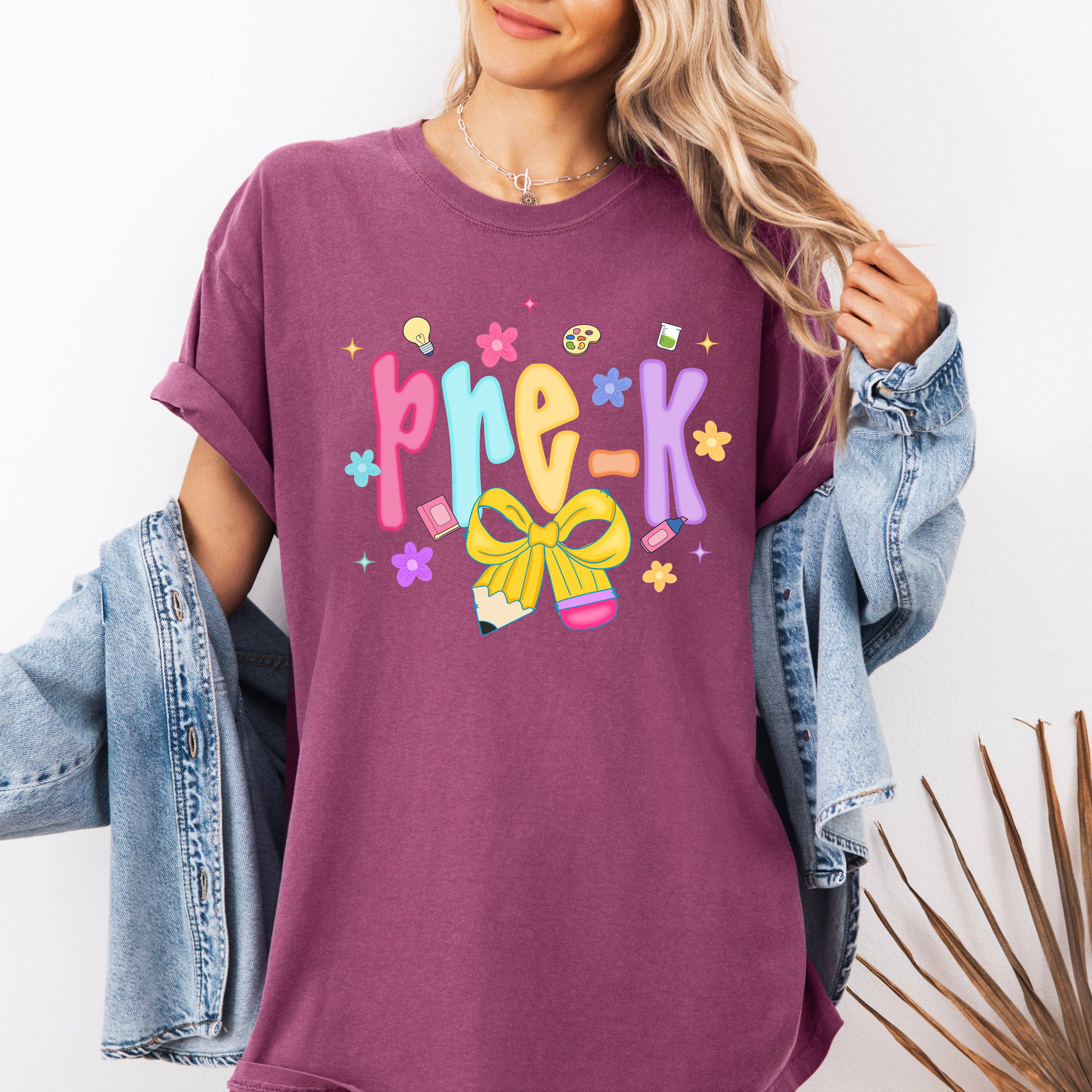 Pre-K, Teacher, Back To School, Neon, Bow Cute T-Shirt