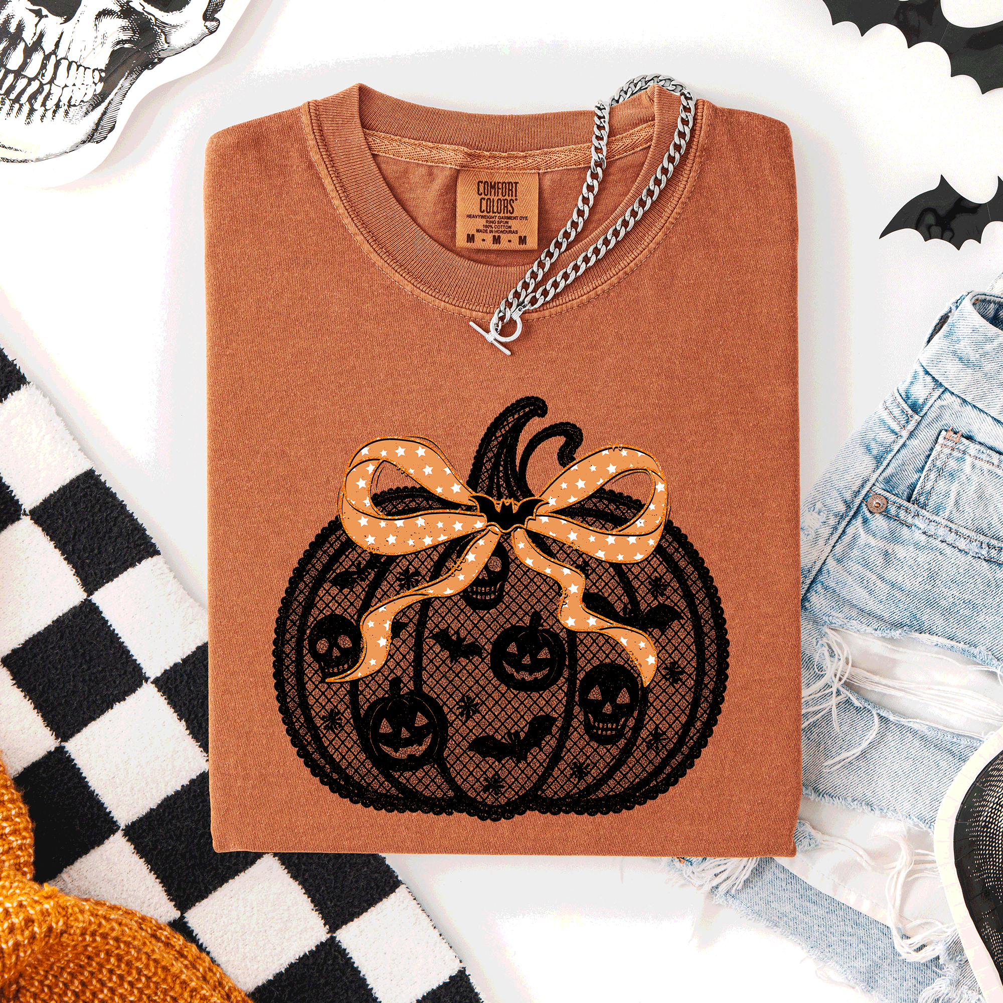 Halloween Pumpkin, Faux Lace, Coquette, Ribbon T-Shirt